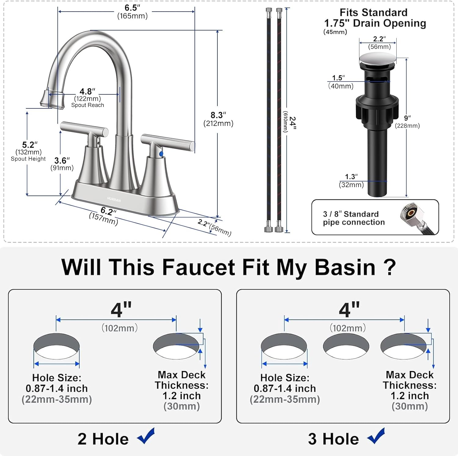 Bathroom Faucets for Sink 3 Hole, Hurran 4 inch Brushed Nickel Bathroom Sink Faucet with Pop-up Drain and Supply Lines, Stainless Steel Centerset Faucets for Sink Vanity RV