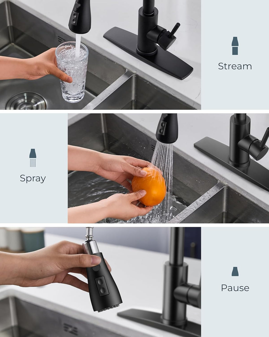 FORIOUS Black Kitchen Faucet with Soap Dispenser and Pull Down Sprayer, Bar High Arc Single Handle Classic 3 Modes Stainless Steel Faucet for Kitchen Sink Farmhouse RV Laundry Camper