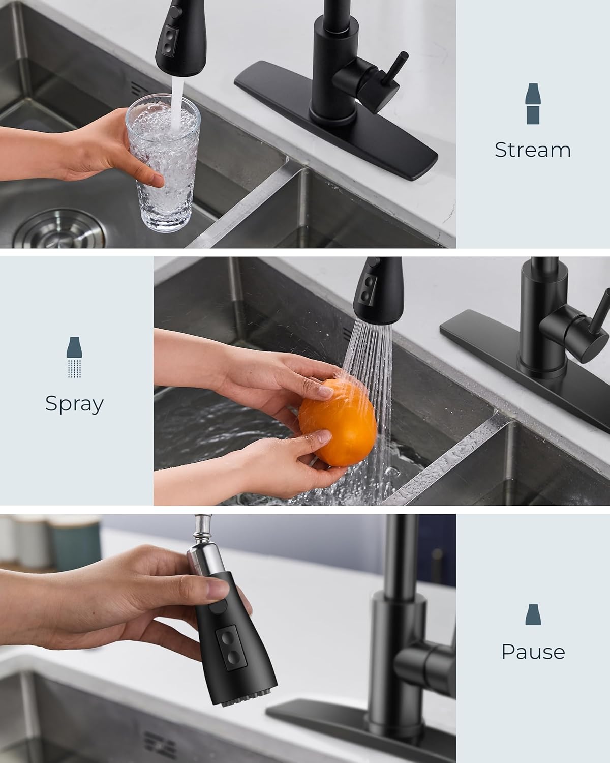 FORIOUS Black Kitchen Faucet with Soap Dispenser and Pull Down Sprayer, Bar High Arc Single Handle Classic 3 Modes Stainless Steel Faucet for Kitchen Sink Farmhouse RV Laundry Camper