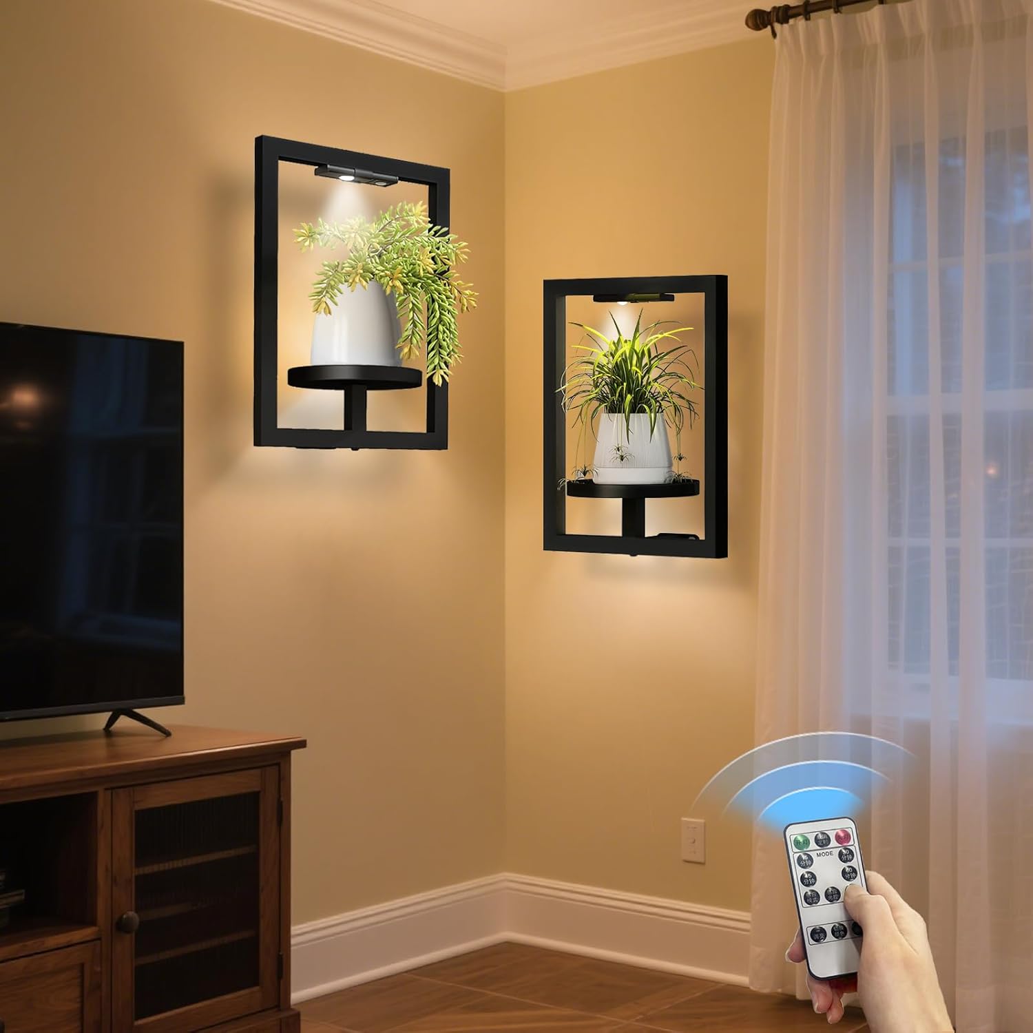 BAOYOUNI 2 Pack Picture Frame Wall Plant Holder with Light,Metal Window Plant Shelf，Modern Floating Plant Stand for Indoor Outdoor Patio Balcony Garden Living Room Bedroom