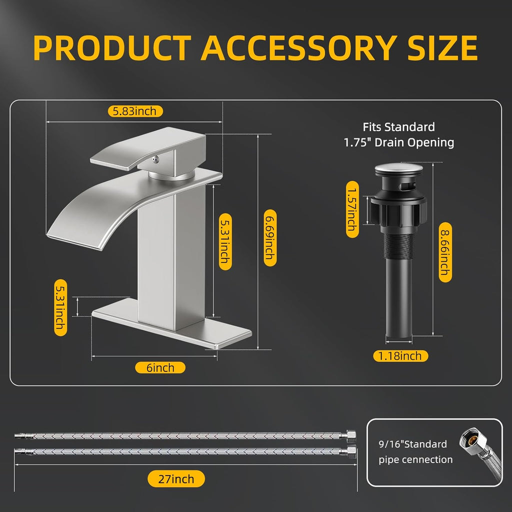 Ryuwanku Bathroom Faucet Brushed Nickel Modern Waterfall Bathroom Sink Faucet with Single Handle Suitable for 1 or 3 Holes,Supply Deck Plate and Hose