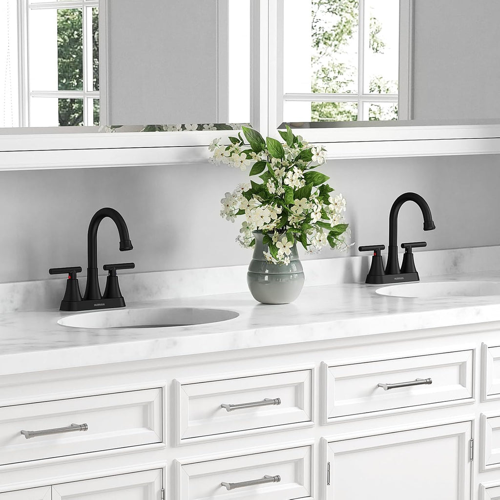 Bathroom Faucets for Sink 3 Hole, Hurran 4 inch Matte Black Bathroom Sink Faucet with Pop-up Drain and 2 Supply Hoses, Stainless Steel Lead-Free Centerset Faucet for Vanity RV, 2 Pack