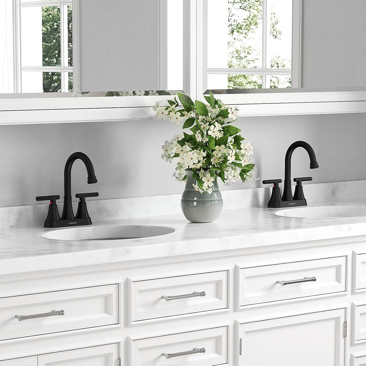 Bathroom Faucets for Sink 3 Hole, Hurran 4 inch Matte Black Bathroom Sink Faucet with Pop-up Drain and 2 Supply Hoses, Stainless Steel Lead-Free Centerset Faucet for Vanity RV, 2 Pack