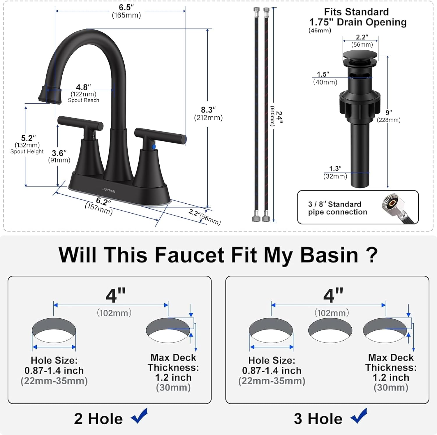 Bathroom Faucets for Sink 3 Hole, Hurran 4 inch Matte Black Bathroom Sink Faucet with Pop-up Drain and 2 Supply Hoses, Stainless Steel Lead-Free Centerset Faucet for Vanity RV, 2 Pack