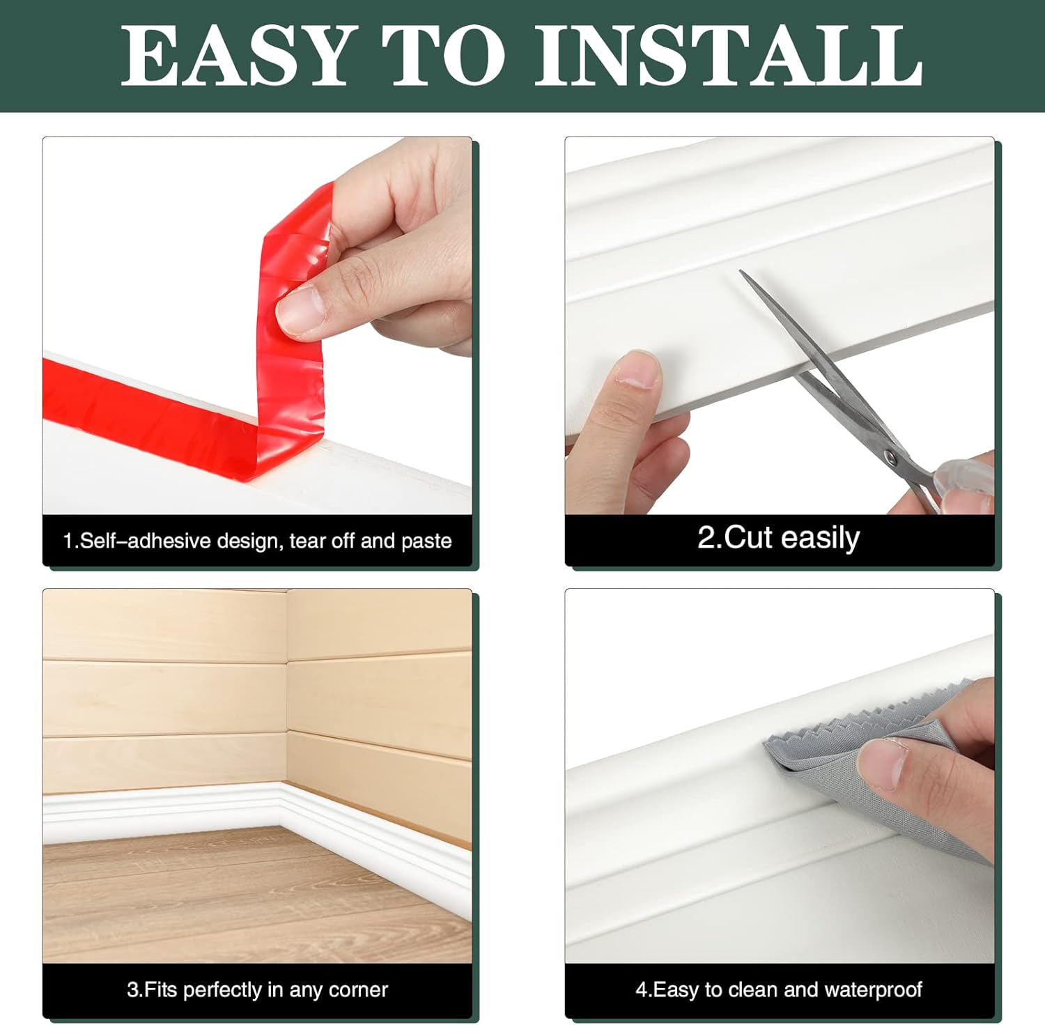 Sasylvia 2 Pcs Flexible Baseboard Molding Trim 4 Inch x 16 Feet Self Adhesive Vinyl Wall Base Peel and Stick Rubber Wall Base Trim Molding Flexible Floor for Floors(Cream White)