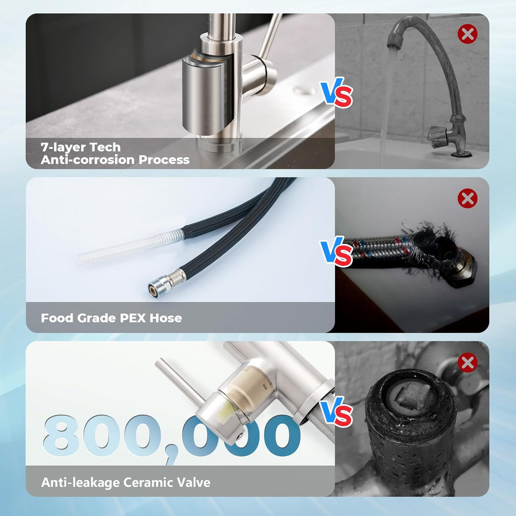 Kitchen Faucet with Pull Down Sprayer, VFAUOSIT Lead-Free Kitchen Sink Faucet Brushed Nickel Stainless Steel Modern High Arc Pull Out Single Hole Kitchen Faucets for Bar RV Bathroom Sink Faucets