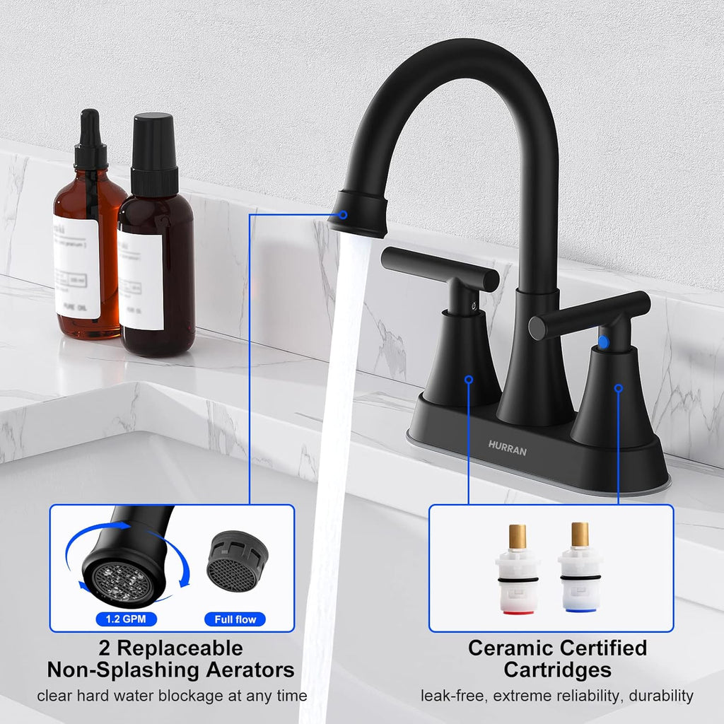 Bathroom Faucets for Sink 3 Hole, Hurran 4 inch Matte Black with Pop-up Drain and 2 Supply Hoses, Stainless Steel Lead-Free 2-Handle Centerset Faucet for Sink Vanity
