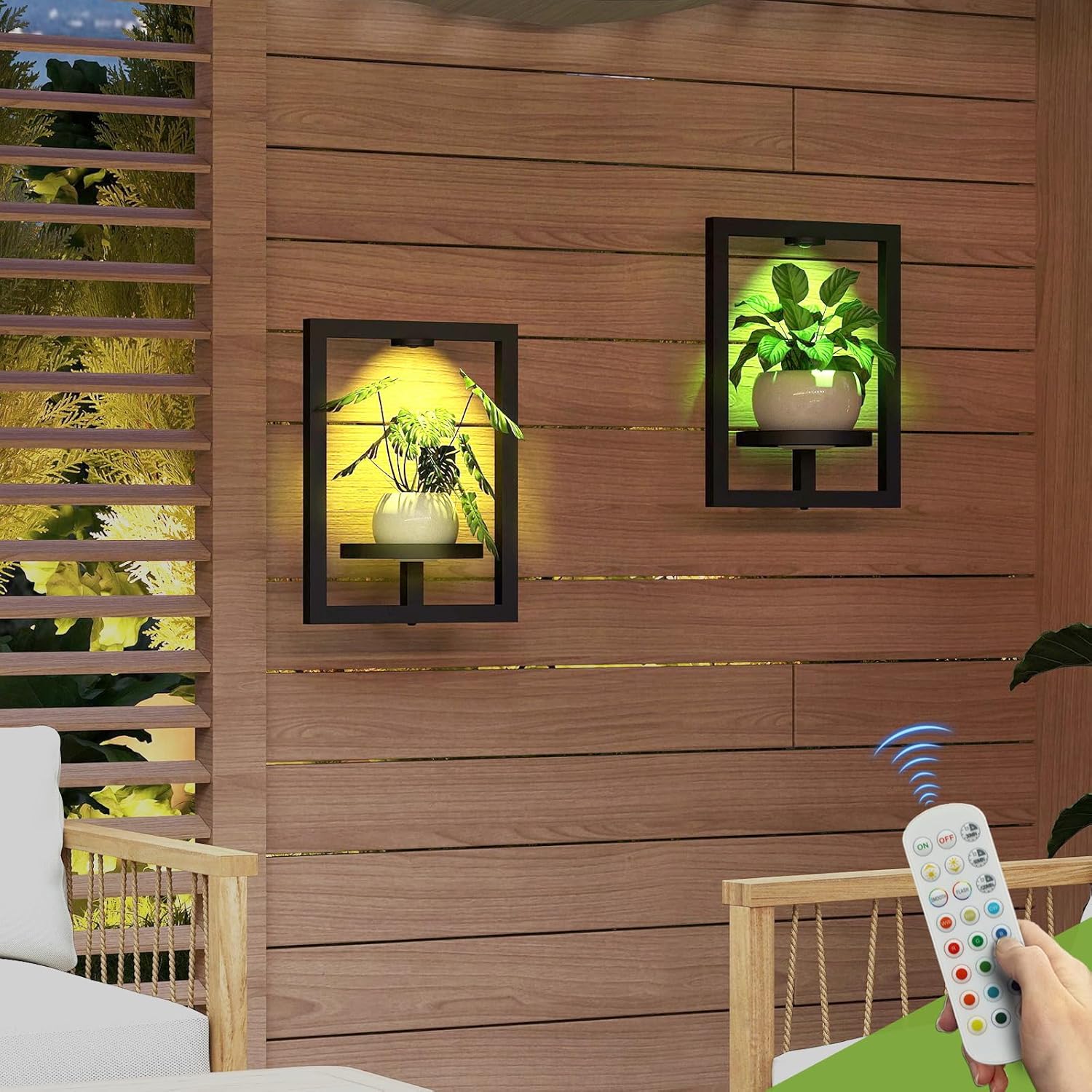 BAOYOUNI 2 Pack Picture Frame Wall Plant Holder with 15 Color Lighst,Metal Window Plant Shelf，Modern Floating Plant Stand for Indoor Outdoor Patio Balcony Garden Living Room Bedroom