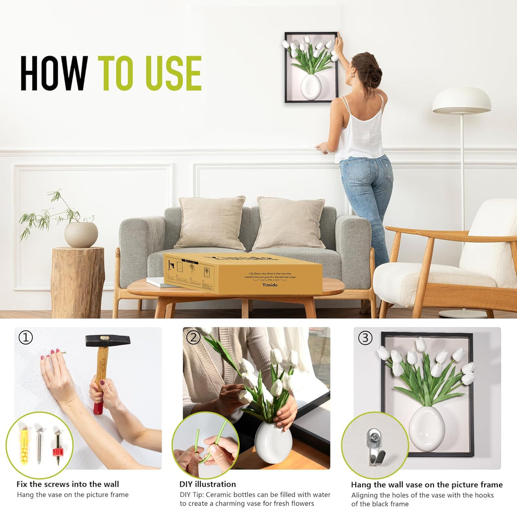 yimido Plant Picture Frame Wall Decor – Wall Planters for Indoor Plants, 3D Wall Art Frame with Ceramic Vase and Artificial Tulips, Hanging Plant Holder for Living Room, Bedroom, Hallway, Black