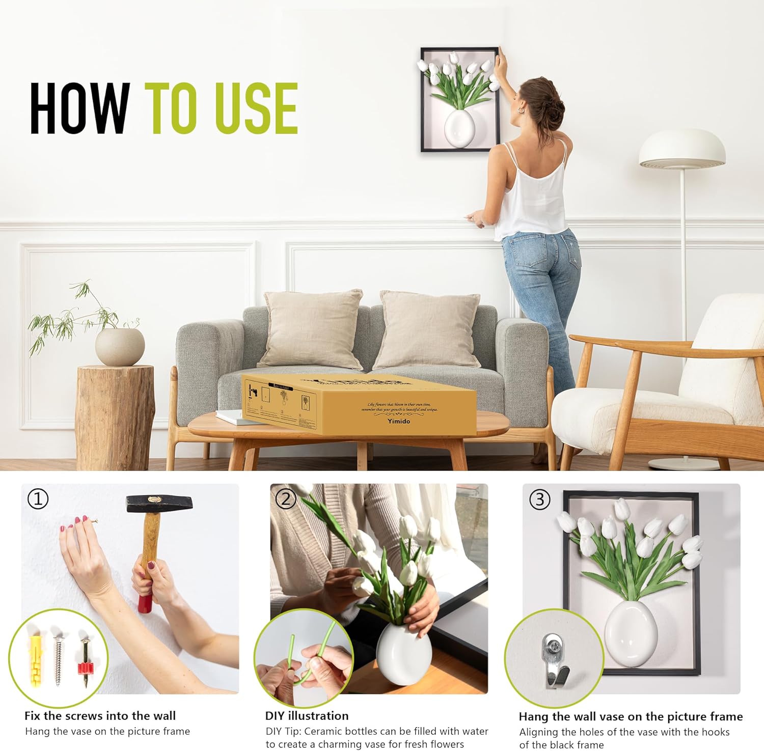 yimido Plant Picture Frame Wall Decor – Wall Planters for Indoor Plants, 3D Wall Art Frame with Ceramic Vase and Artificial Tulips, Hanging Plant Holder for Living Room, Bedroom, Hallway, Black