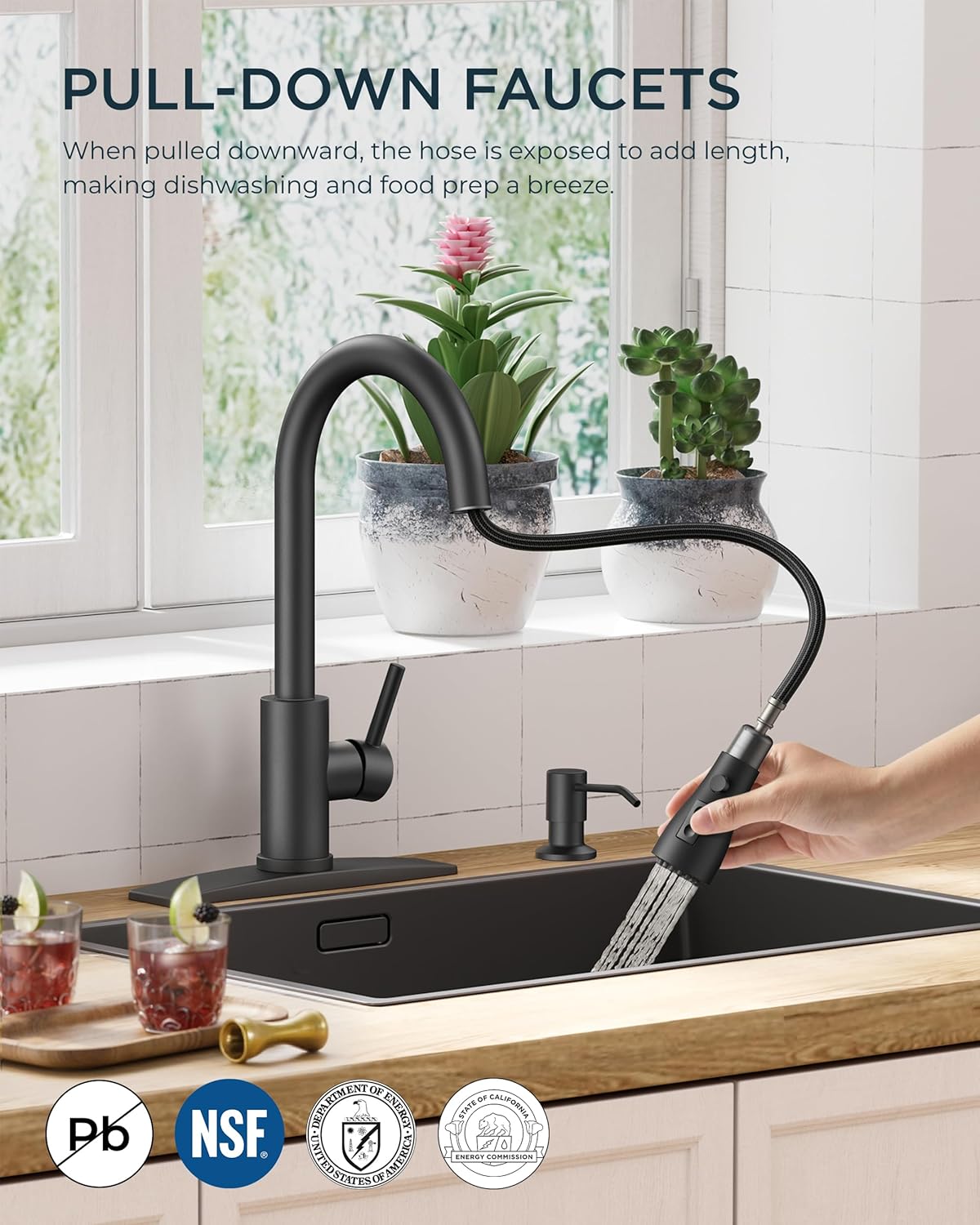 FORIOUS Black Kitchen Faucet with Soap Dispenser and Pull Down Sprayer, Bar High Arc Single Handle Classic 3 Modes Stainless Steel Faucet for Kitchen Sink Farmhouse RV Laundry Camper
