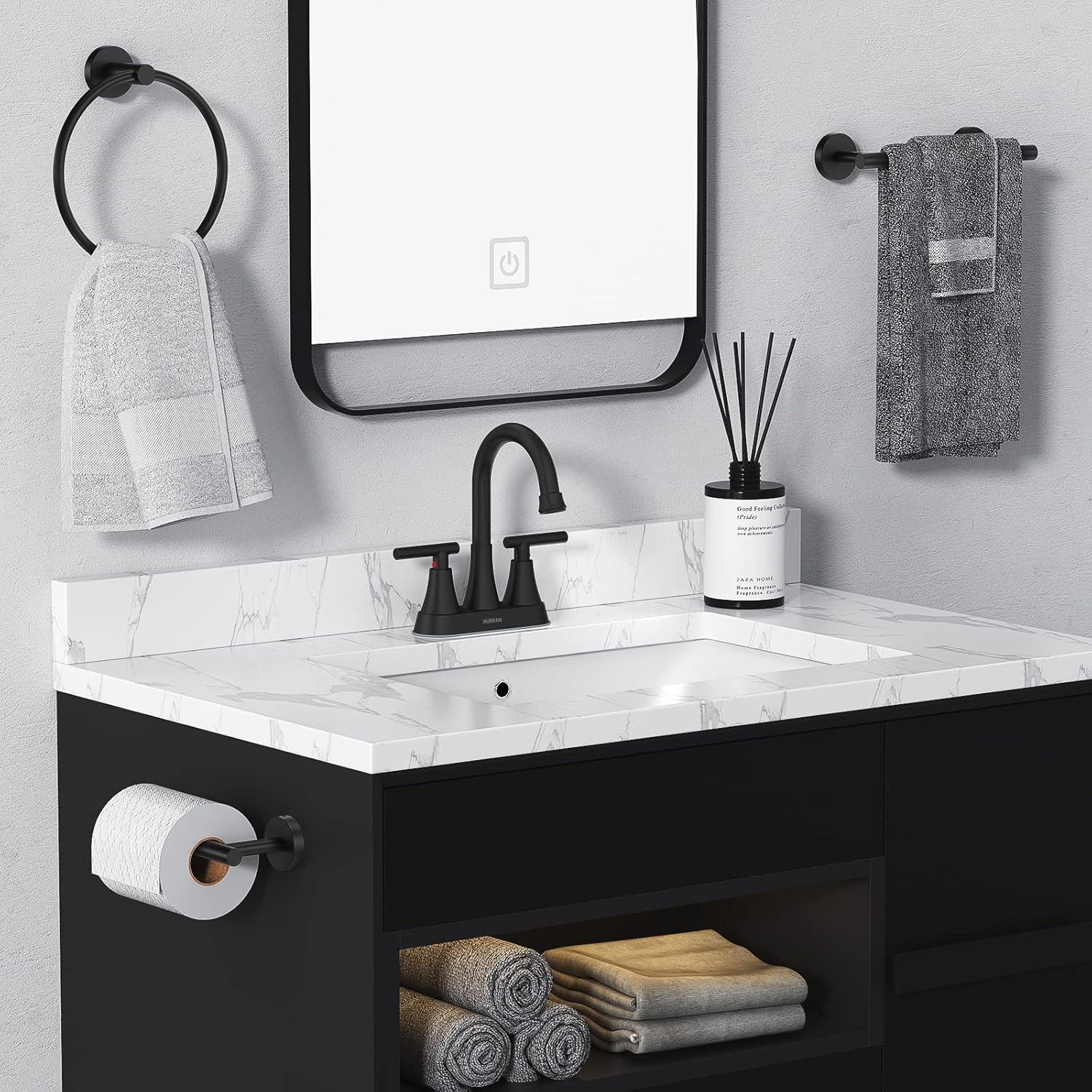 Bathroom Faucets for Sink 3 Hole, Hurran 4 inch Matte Black with Pop-up Drain and 2 Supply Hoses, Stainless Steel Lead-Free 2-Handle Centerset Faucet for Sink Vanity