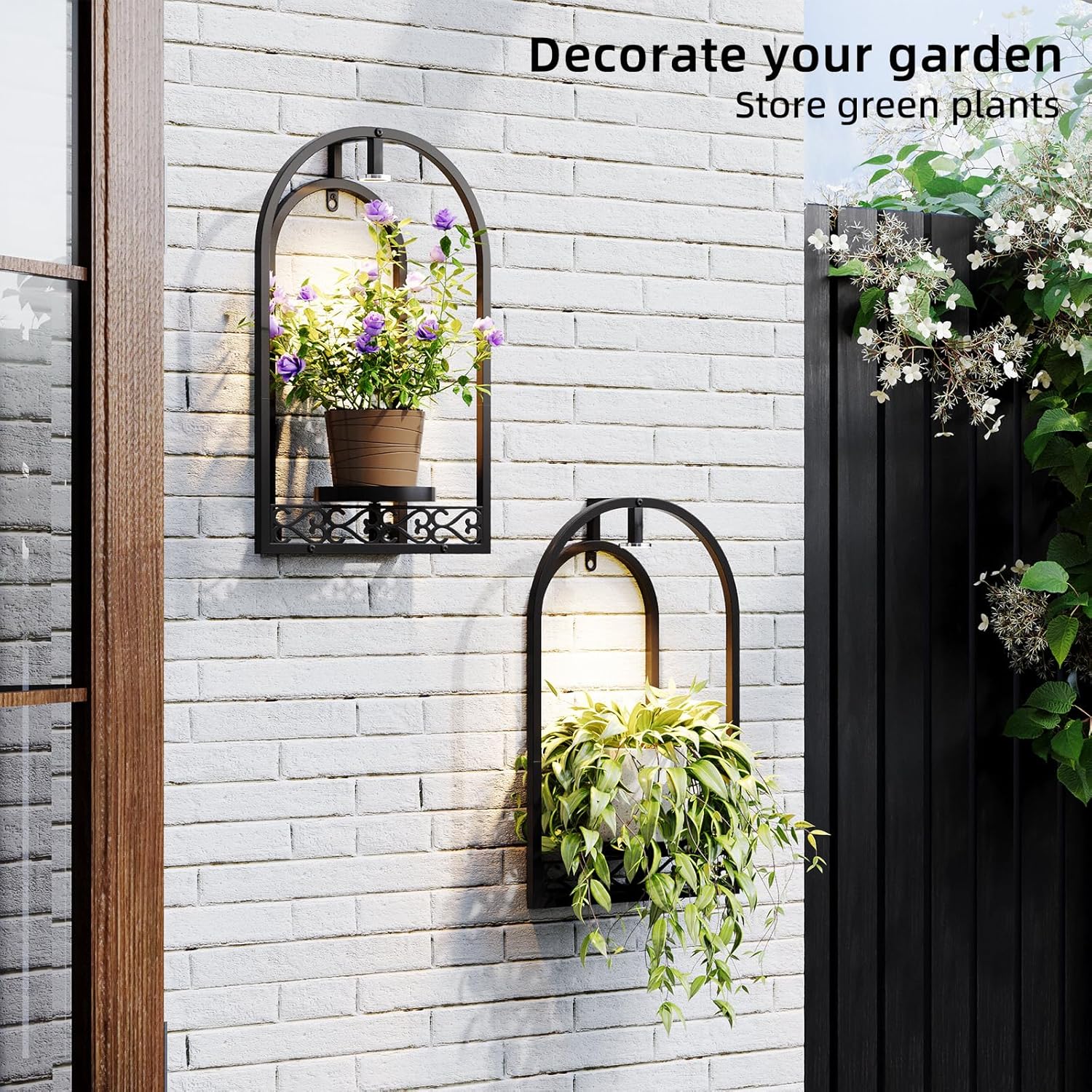 Rioneta Wall Planter Holder with Light, Metal Arch Frame Hanging Plant Stand with Grow Lights, Modern Black Iron Wall Decor for Indoor Outdoor Living Room, Balcony & Garden 2 Pack Black