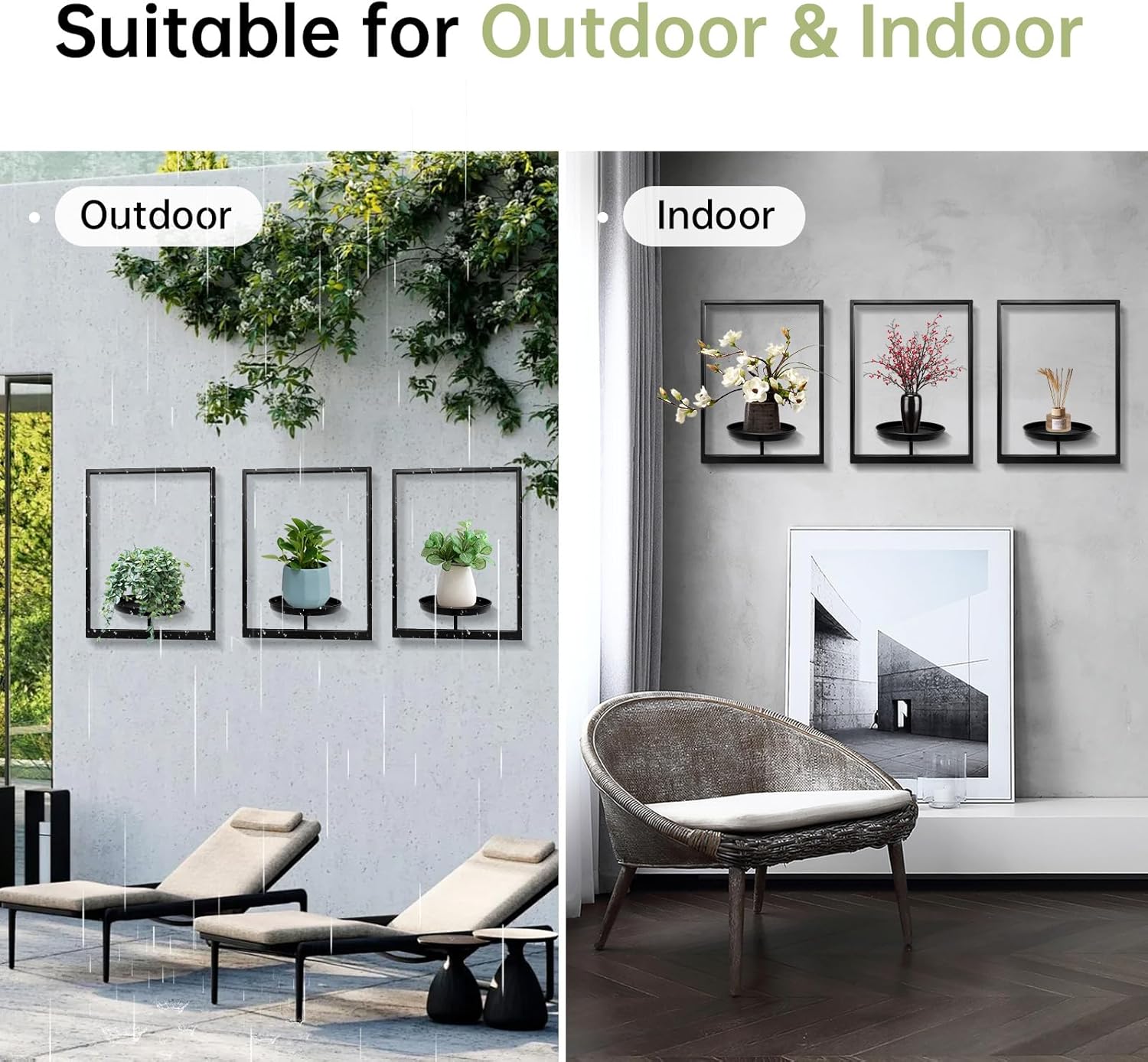 DFLU Picture Frame Plant Holder Indoor, Black Wall Plants Hanger Outdoor,Metal Window Potted Stand Shelves, Wall-Mounted Hanging Planters Art Rack for Living Room Balcony Patio Garden(3Pcs)